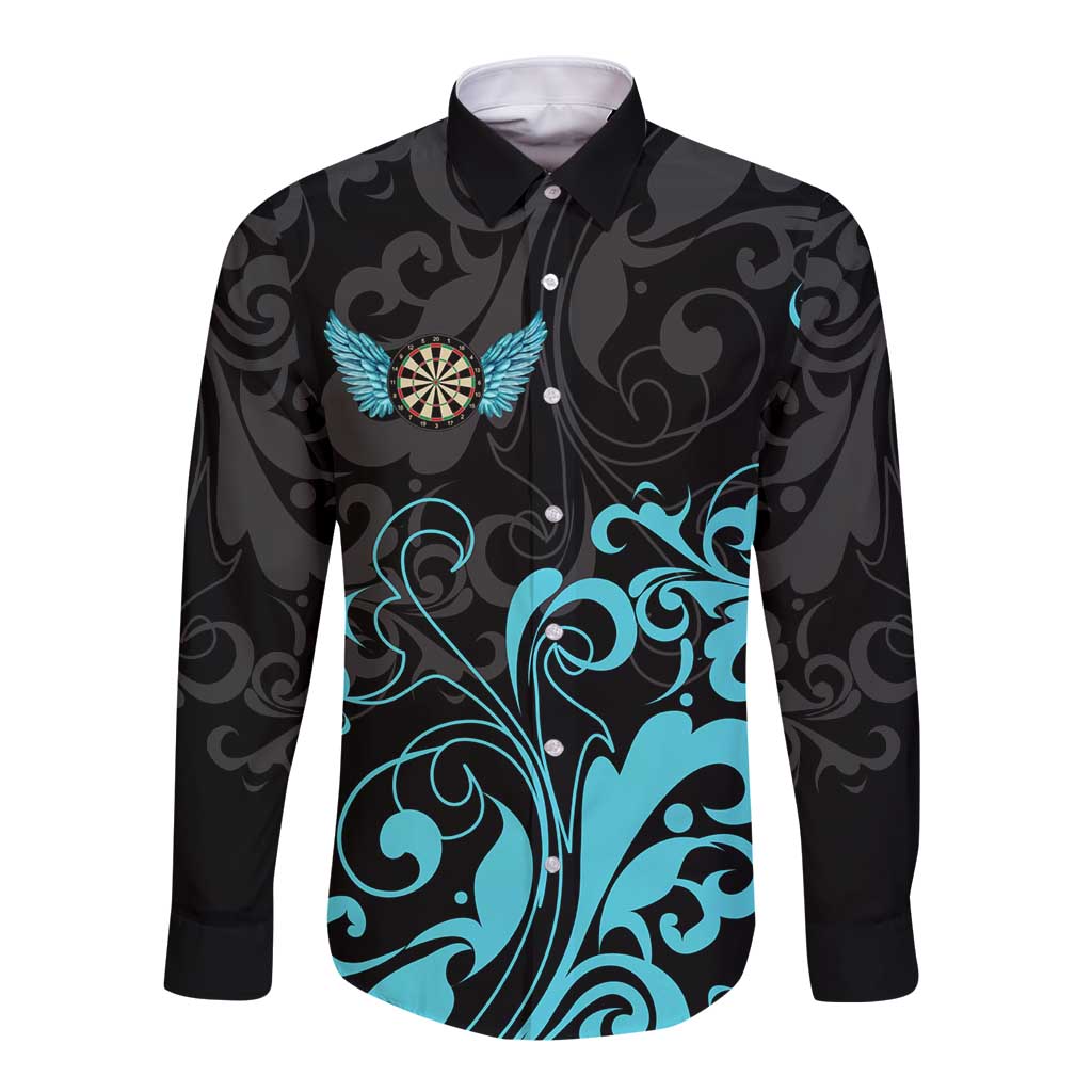 Personalized Elegant Wings and Dartboard Design Long Sleeve Button Shirt with Swirling Floral Patterns - Wonder Print Shop