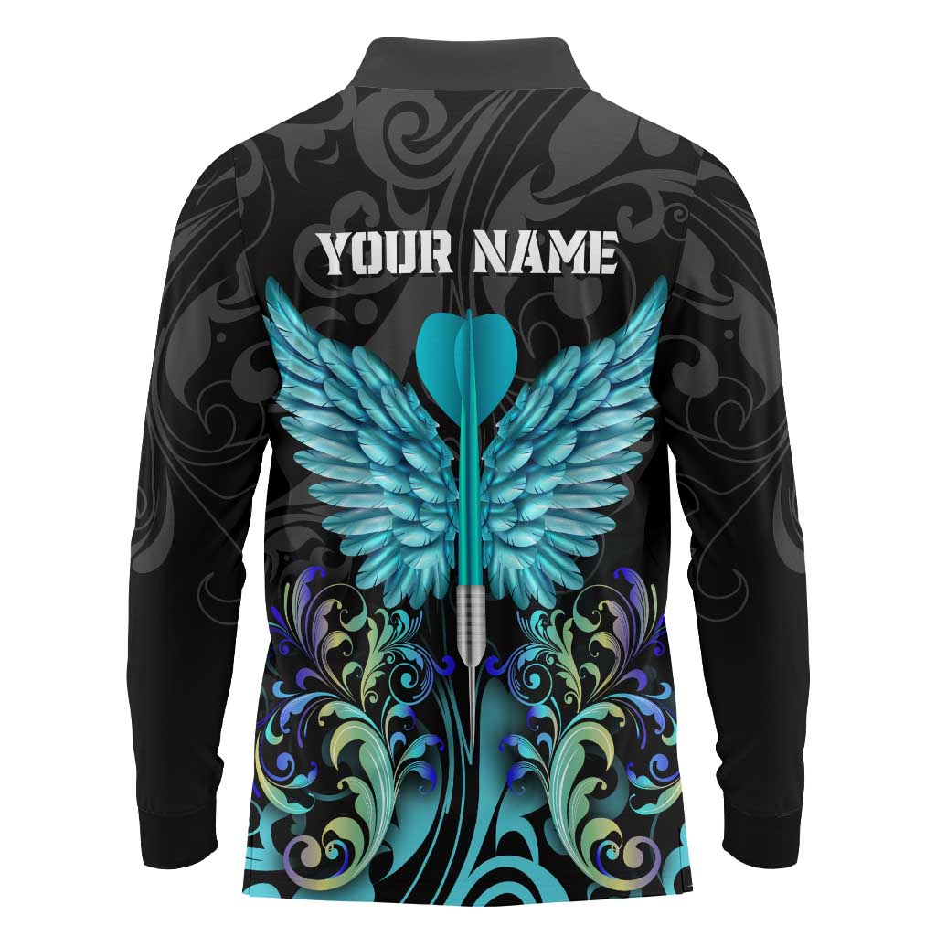 Personalized Elegant Wings and Dartboard Design Long Sleeve Polo Shirt with Swirling Floral Patterns - Wonder Print Shop