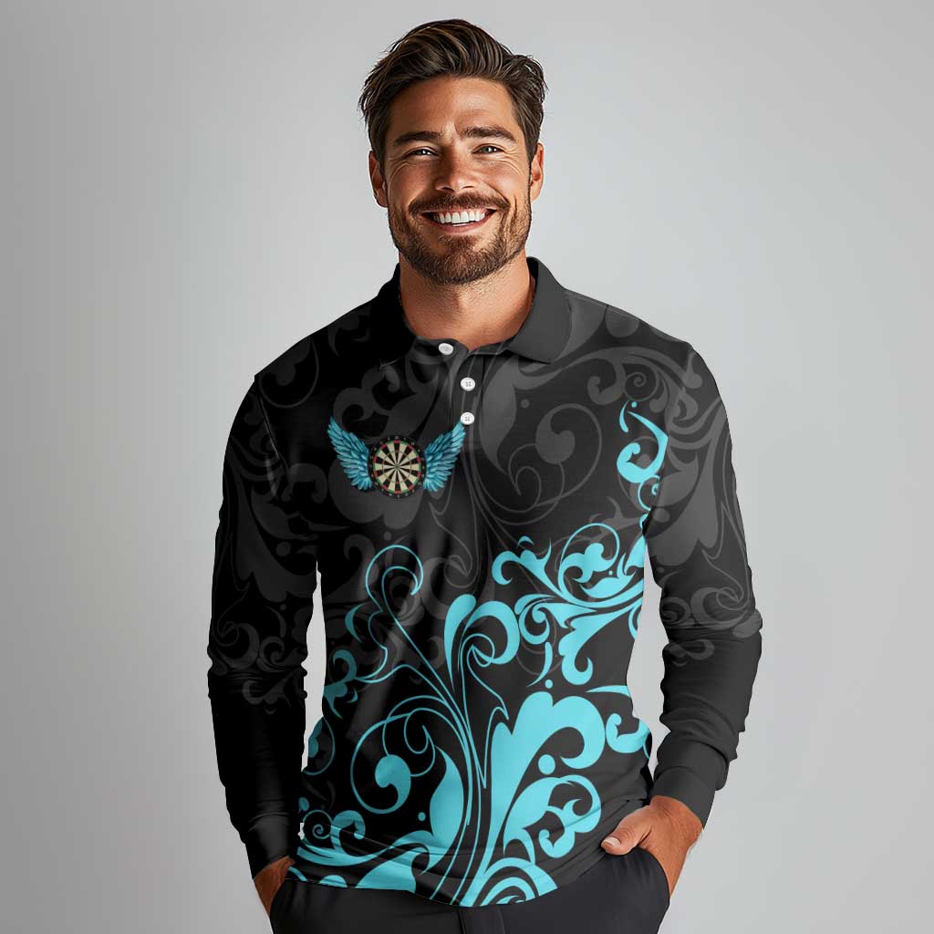 Personalized Elegant Wings and Dartboard Design Long Sleeve Polo Shirt with Swirling Floral Patterns - Wonder Print Shop