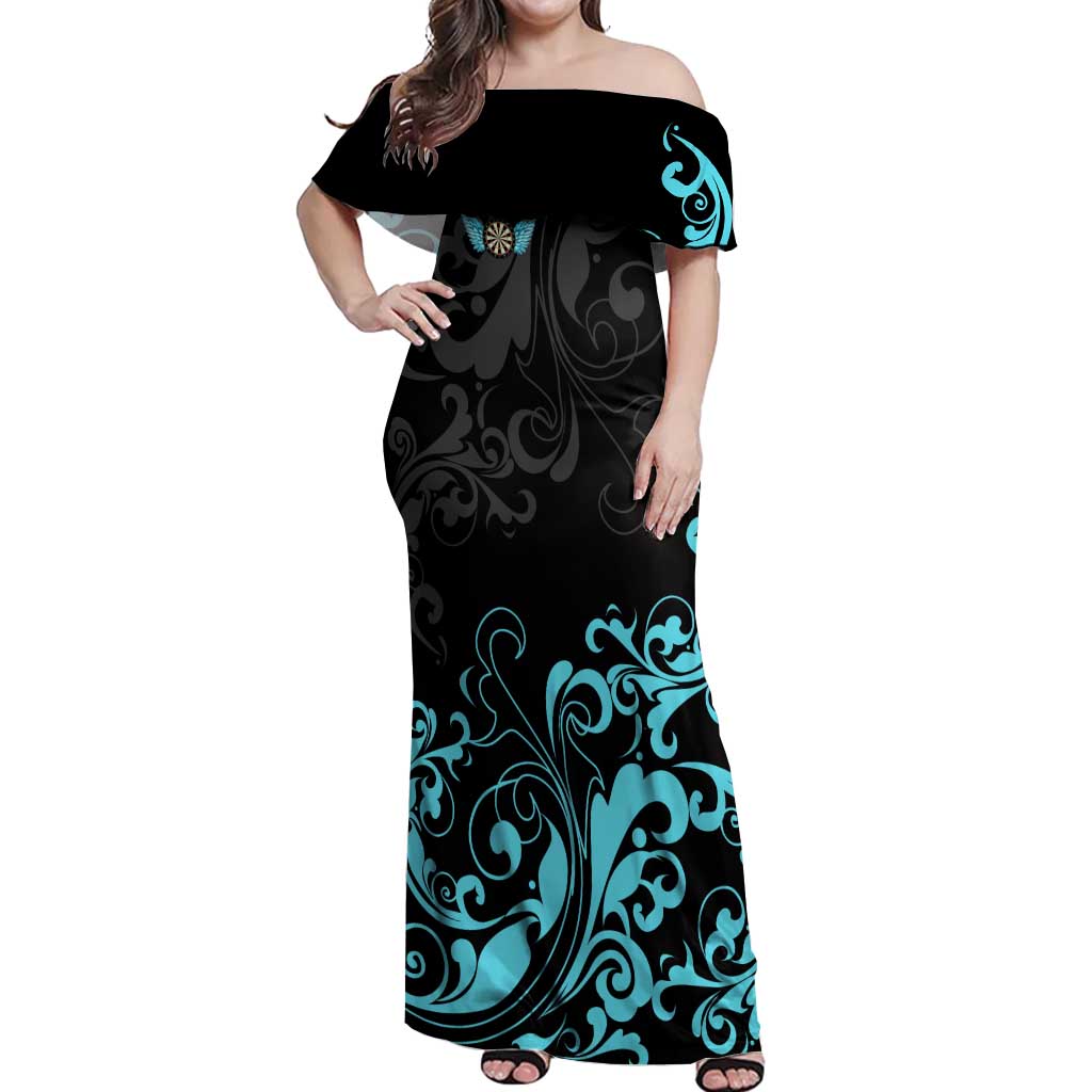 Personalized Elegant Wings and Dartboard Design Off Shoulder Maxi Dress with Swirling Floral Patterns - Wonder Print Shop