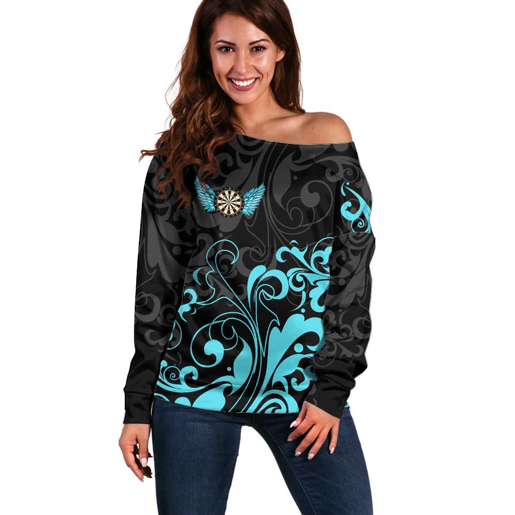 Personalized Elegant Wings and Dartboard Design Off Shoulder Sweater with Swirling Floral Patterns - Wonder Print Shop