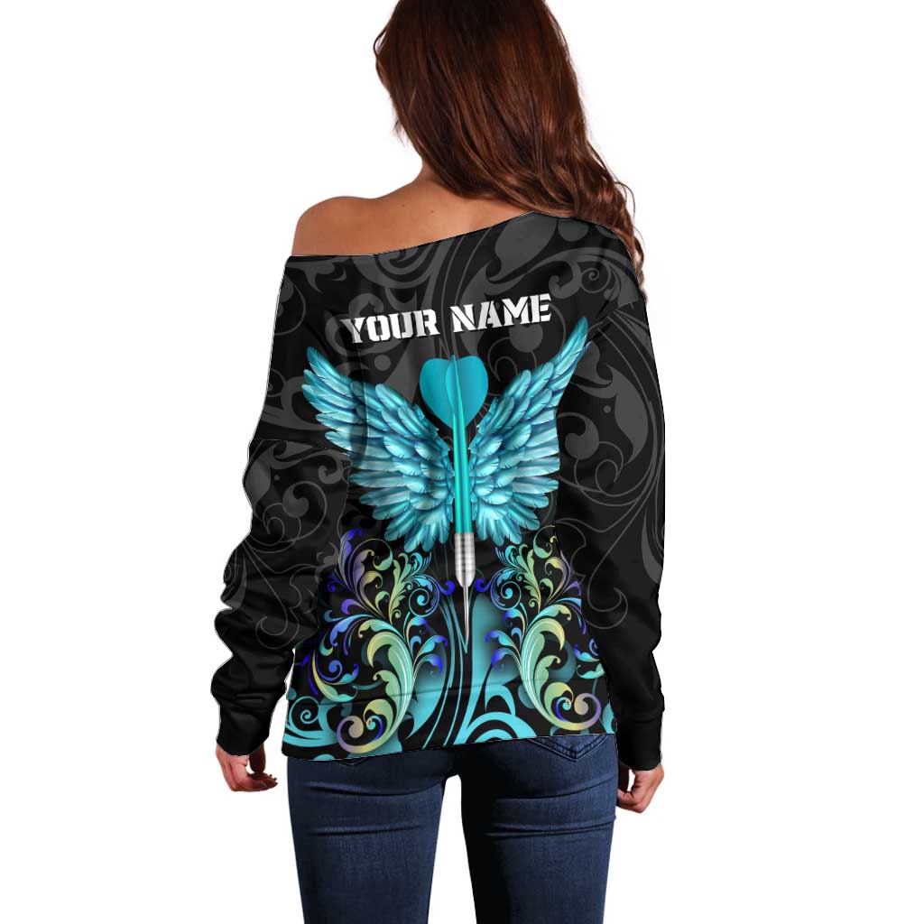Personalized Elegant Wings and Dartboard Design Off Shoulder Sweater with Swirling Floral Patterns - Wonder Print Shop