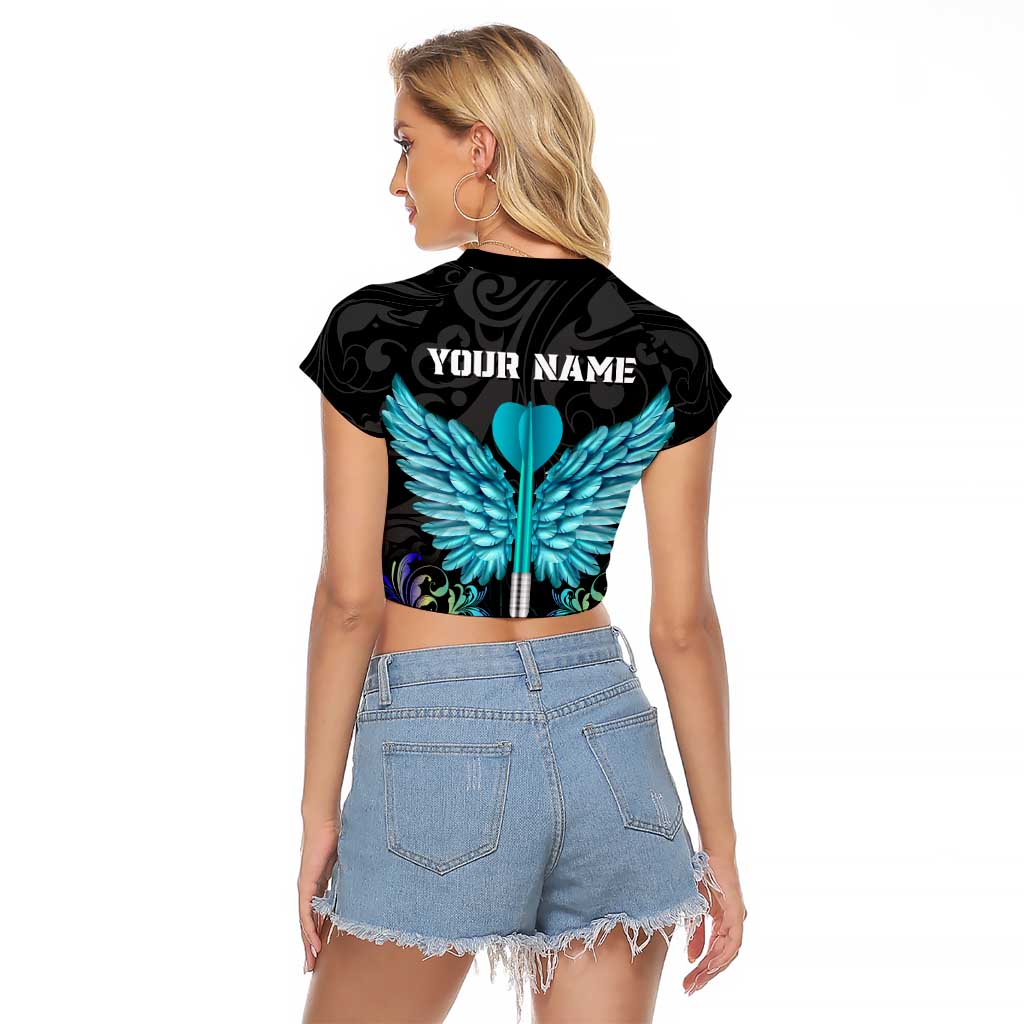 Personalized Elegant Wings and Dartboard Design Raglan Cropped T Shirt with Swirling Floral Patterns - Wonder Print Shop