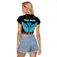 Personalized Elegant Wings and Dartboard Design Raglan Cropped T Shirt with Swirling Floral Patterns - Wonder Print Shop