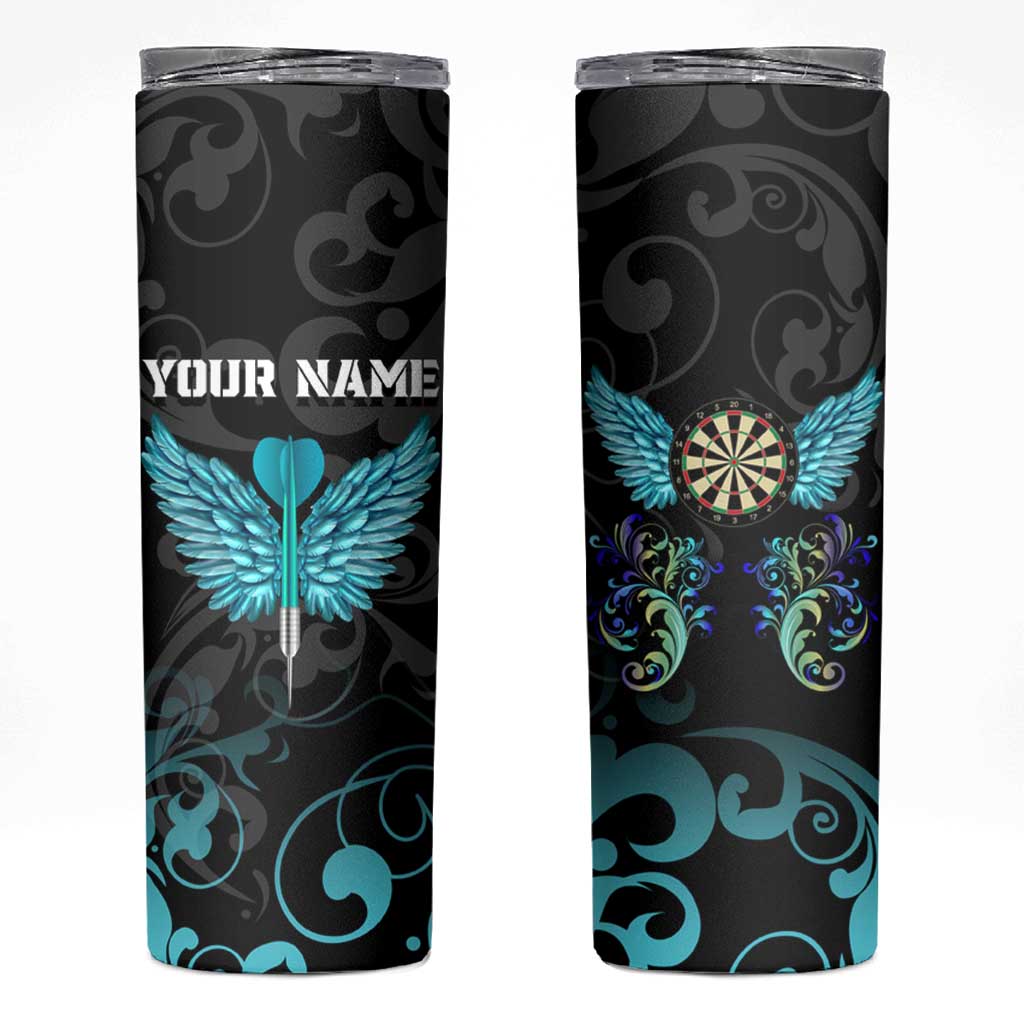 Personalized Elegant Wings and Dartboard Design Skinny Tumbler with Swirling Floral Patterns - Wonder Print Shop