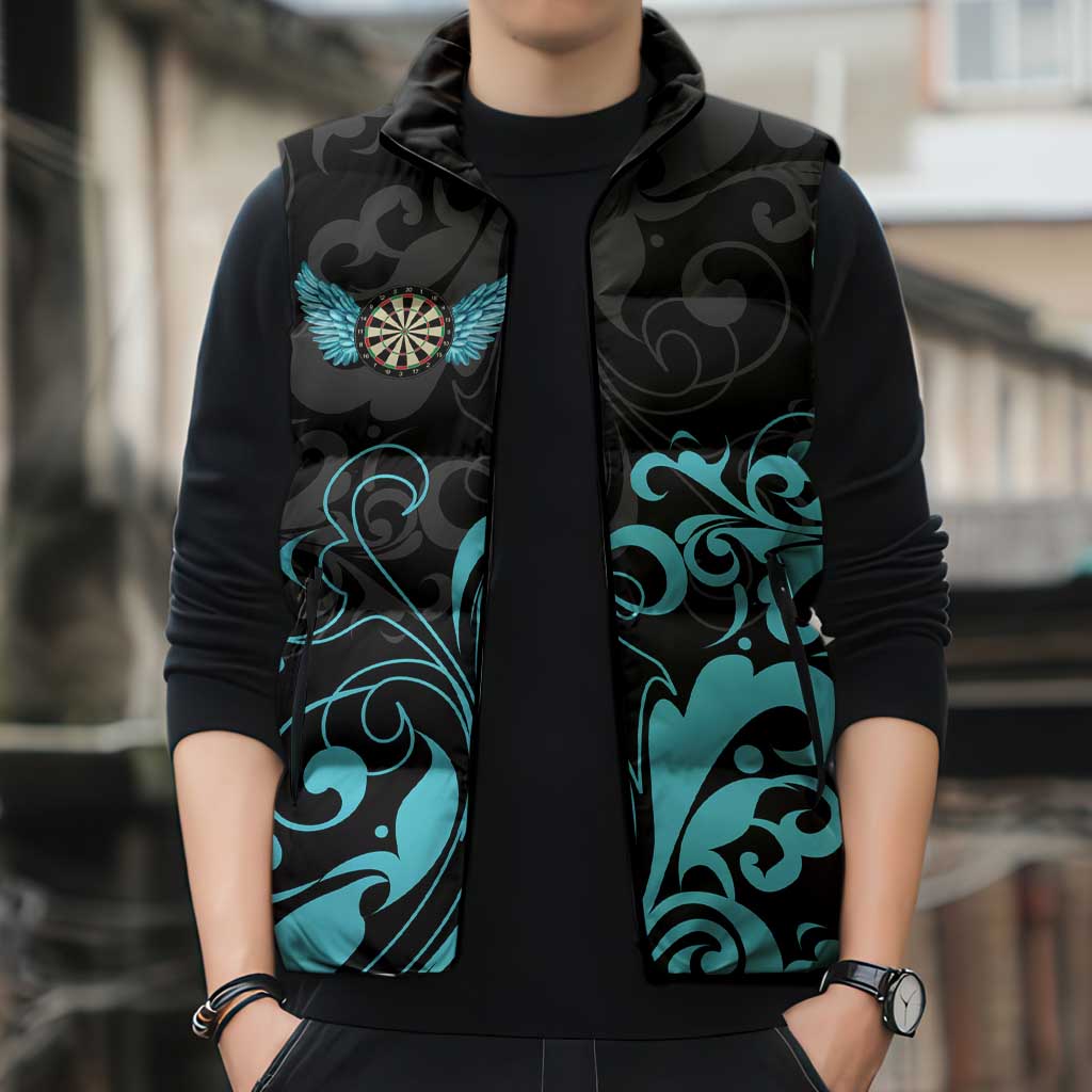 Personalized Elegant Wings and Dartboard Design Sleeveless Puffer Jacket with Swirling Floral Patterns - Wonder Print Shop