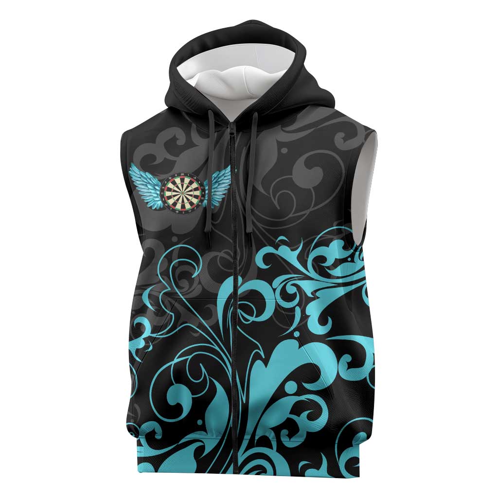 Personalized Elegant Wings and Dartboard Design Sleeveless Zip Hoodie with Swirling Floral Patterns - Wonder Print Shop