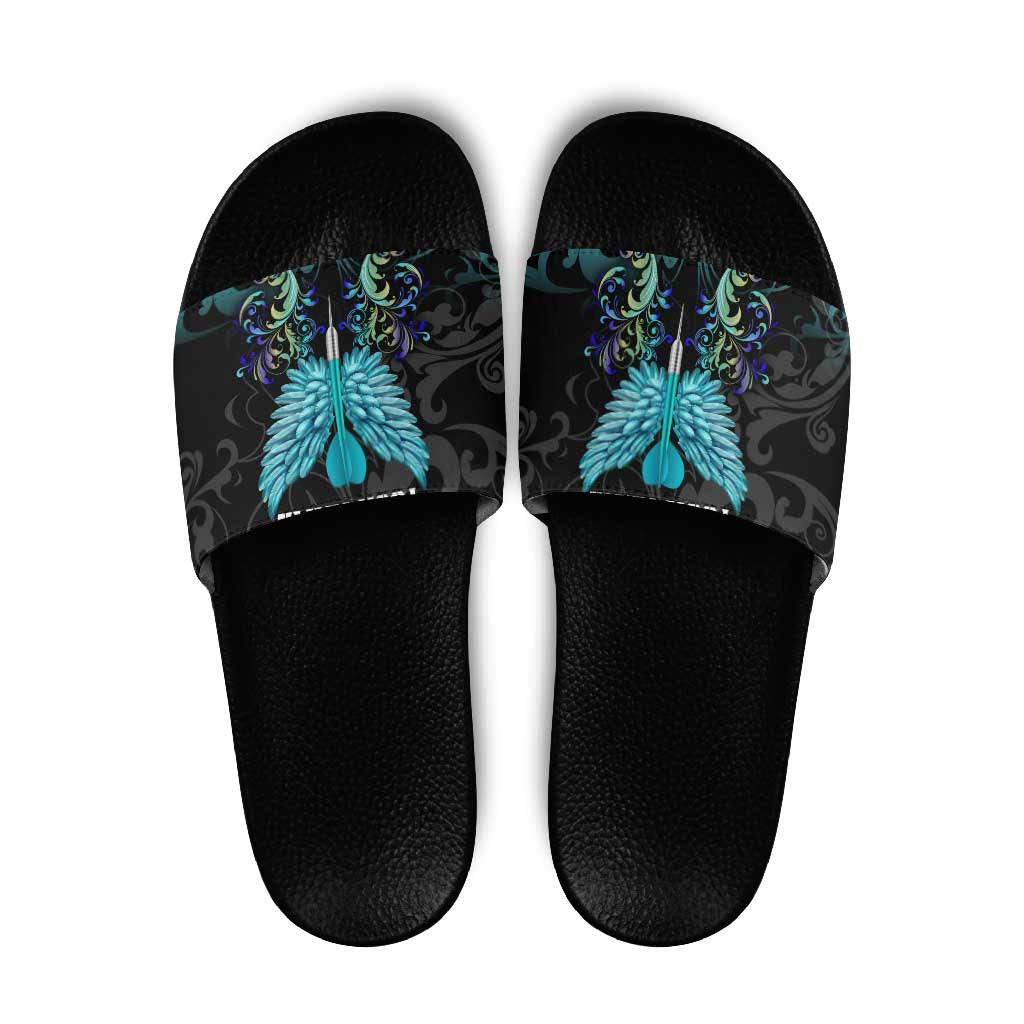Personalized Elegant Wings and Dartboard Design Slide Sandals with Swirling Floral Patterns - Wonder Print Shop