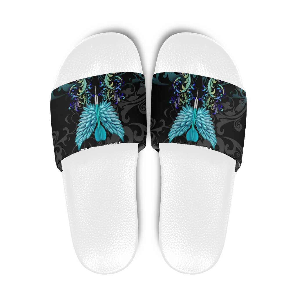 Personalized Elegant Wings and Dartboard Design Slide Sandals with Swirling Floral Patterns - Wonder Print Shop