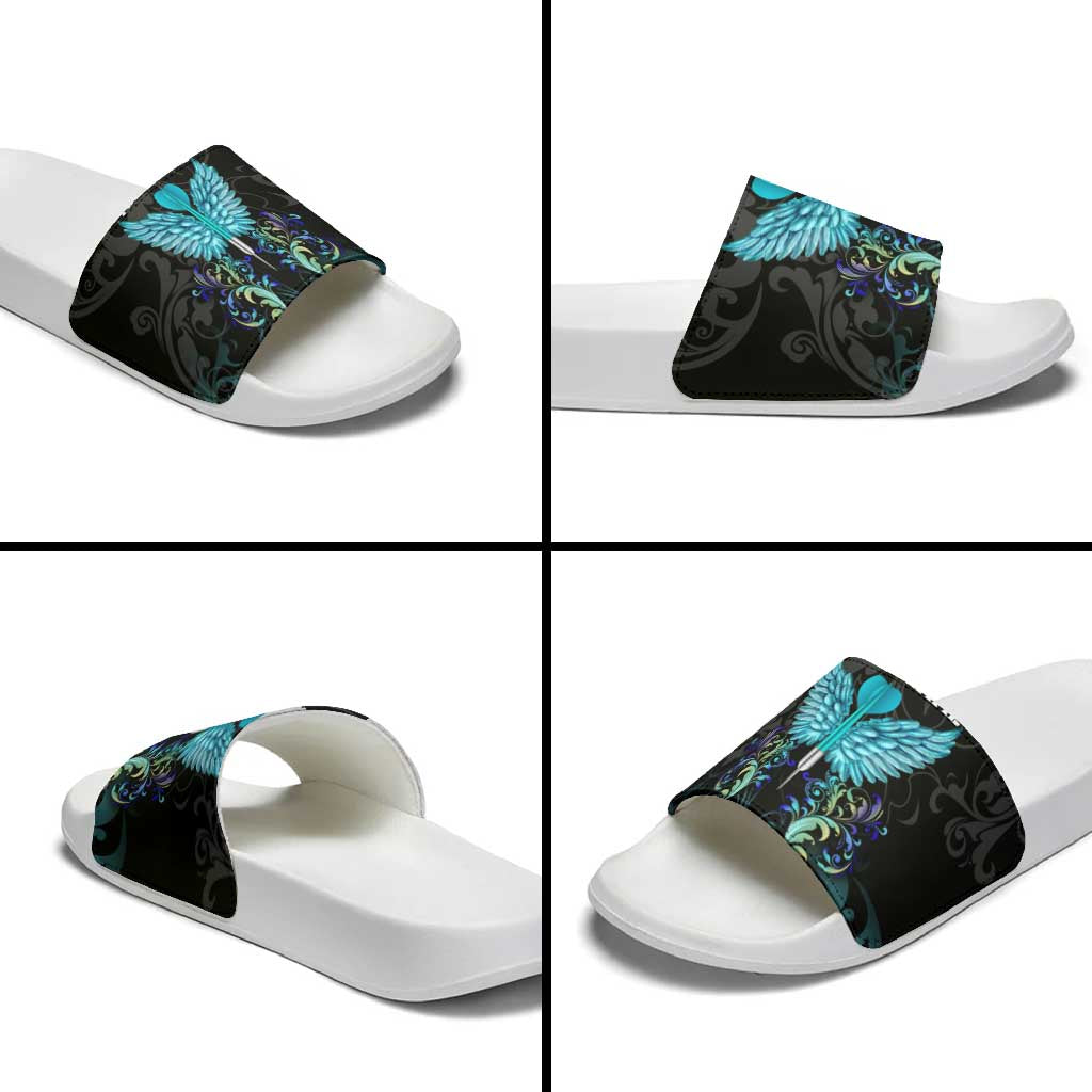 Personalized Elegant Wings and Dartboard Design Slide Sandals with Swirling Floral Patterns - Wonder Print Shop