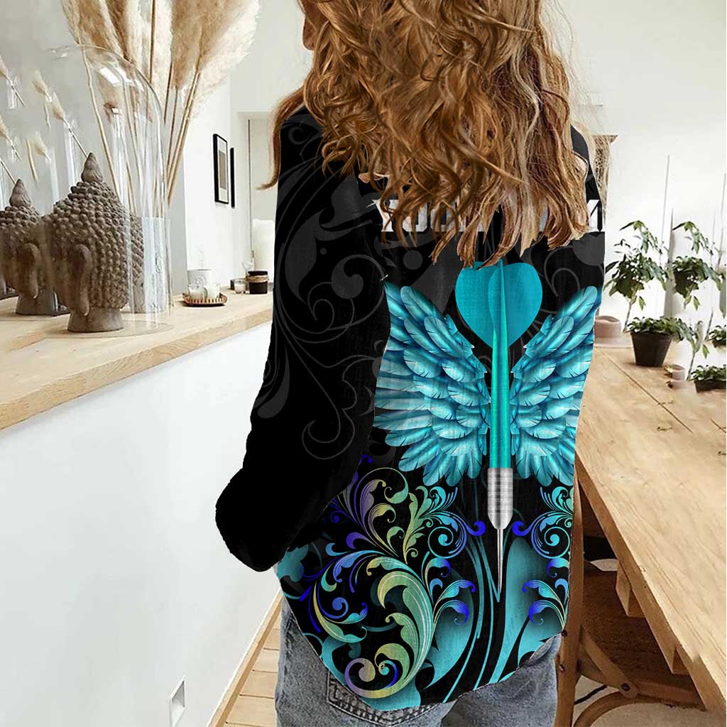 Personalized Elegant Wings and Dartboard Design Women Casual Shirt with Swirling Floral Patterns - Wonder Print Shop