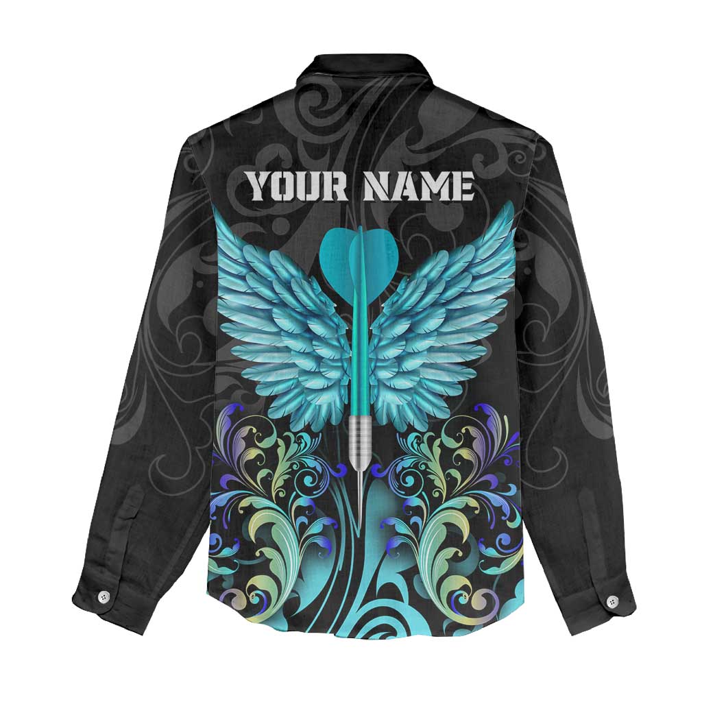 Personalized Elegant Wings and Dartboard Design Women Casual Shirt with Swirling Floral Patterns - Wonder Print Shop