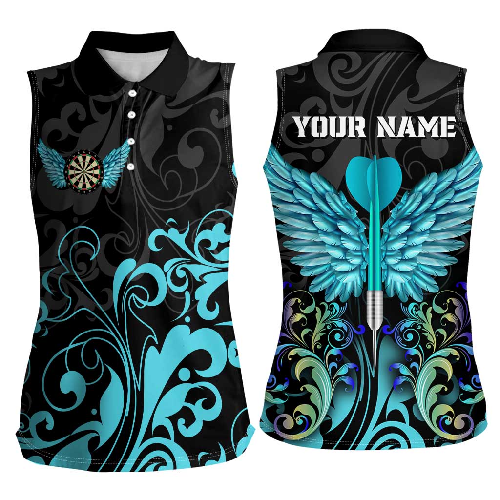 Personalized Elegant Wings and Dartboard Design Women Sleeveless Polo Shirt with Swirling Floral Patterns - Wonder Print Shop