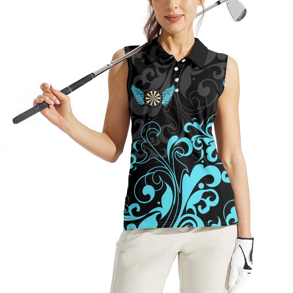 Personalized Elegant Wings and Dartboard Design Women Sleeveless Polo Shirt with Swirling Floral Patterns - Wonder Print Shop