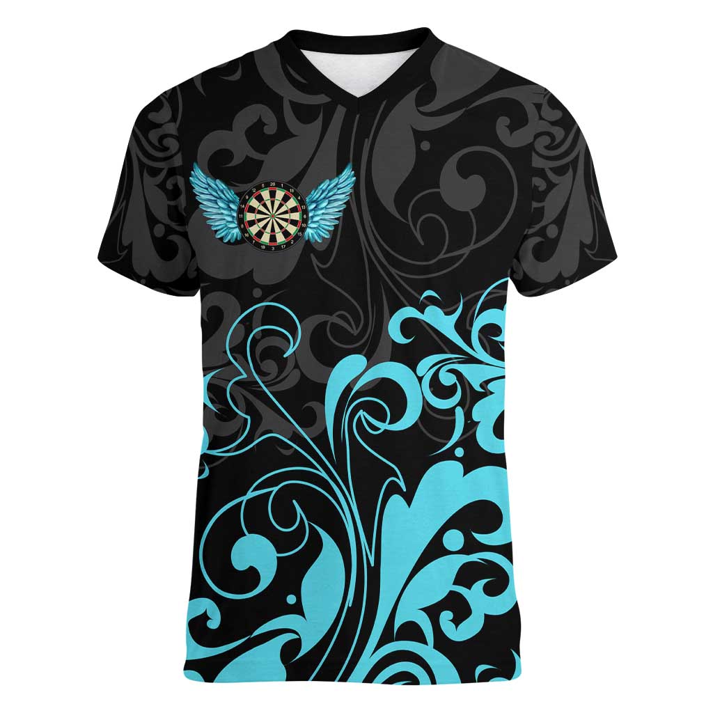 Personalized Elegant Wings and Dartboard Design Women V-Neck T-Shirt with Swirling Floral Patterns - Wonder Print Shop