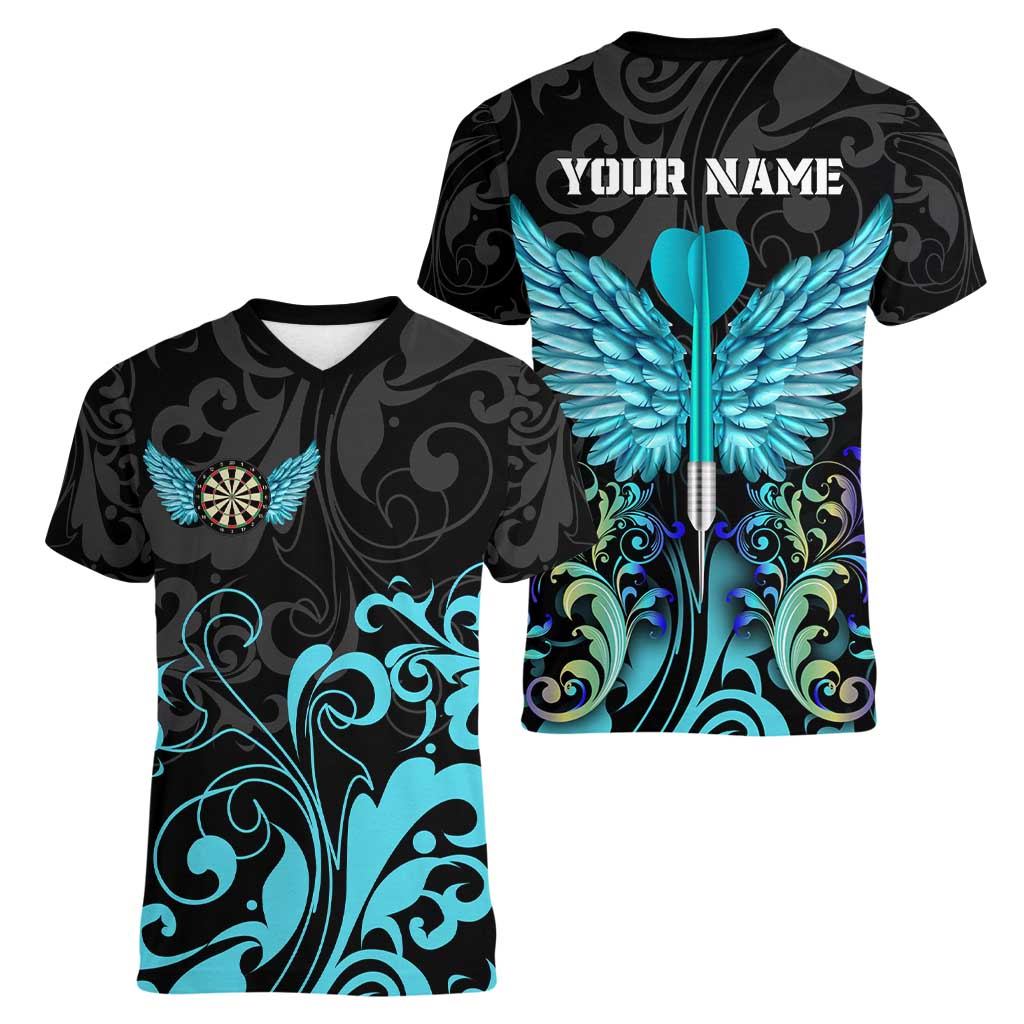 Personalized Elegant Wings and Dartboard Design Women V-Neck T-Shirt with Swirling Floral Patterns - Wonder Print Shop