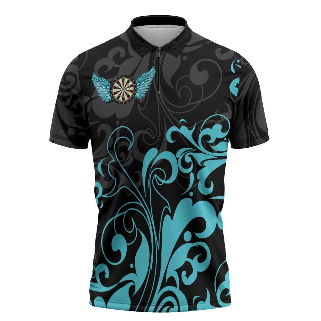 Personalized Elegant Wings and Dartboard Design Zipper Polo Shirt with Swirling Floral Patterns - Wonder Print Shop