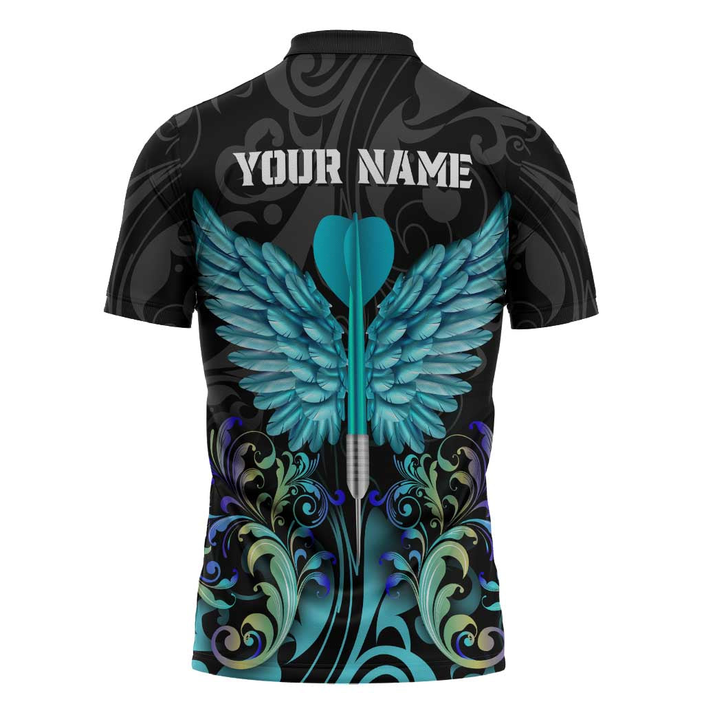 Personalized Elegant Wings and Dartboard Design Zipper Polo Shirt with Swirling Floral Patterns - Wonder Print Shop