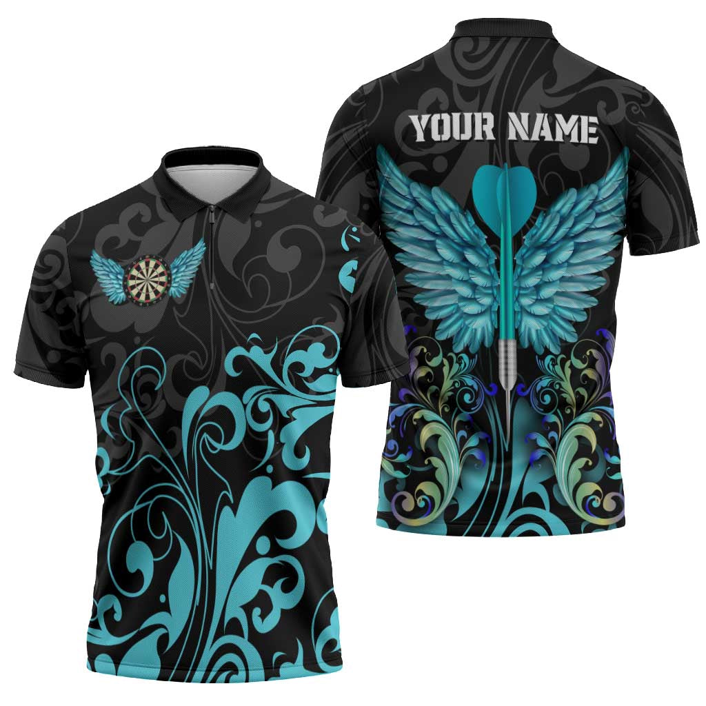 Personalized Elegant Wings and Dartboard Design Zipper Polo Shirt with Swirling Floral Patterns - Wonder Print Shop