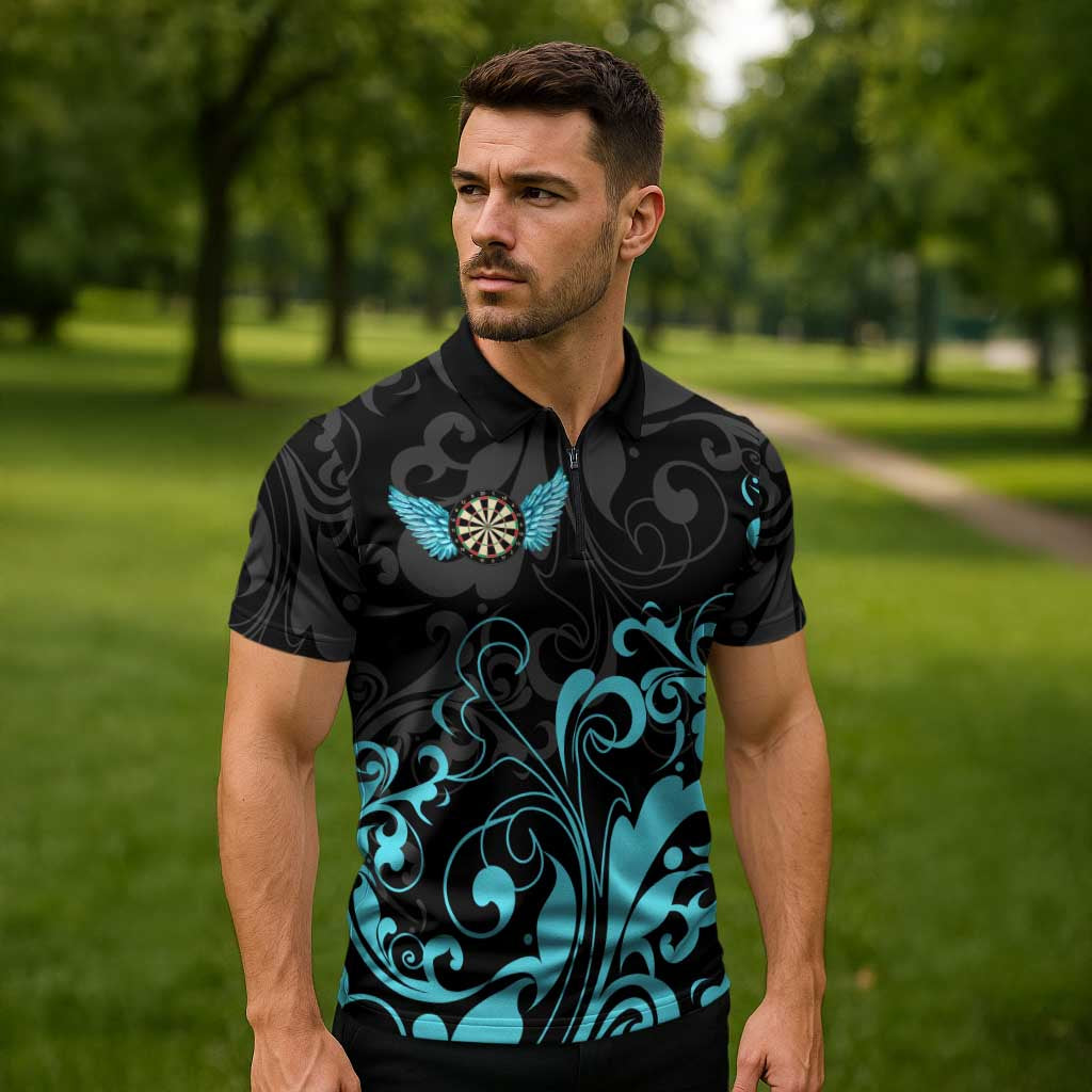 Personalized Elegant Wings and Dartboard Design Zipper Polo Shirt with Swirling Floral Patterns - Wonder Print Shop