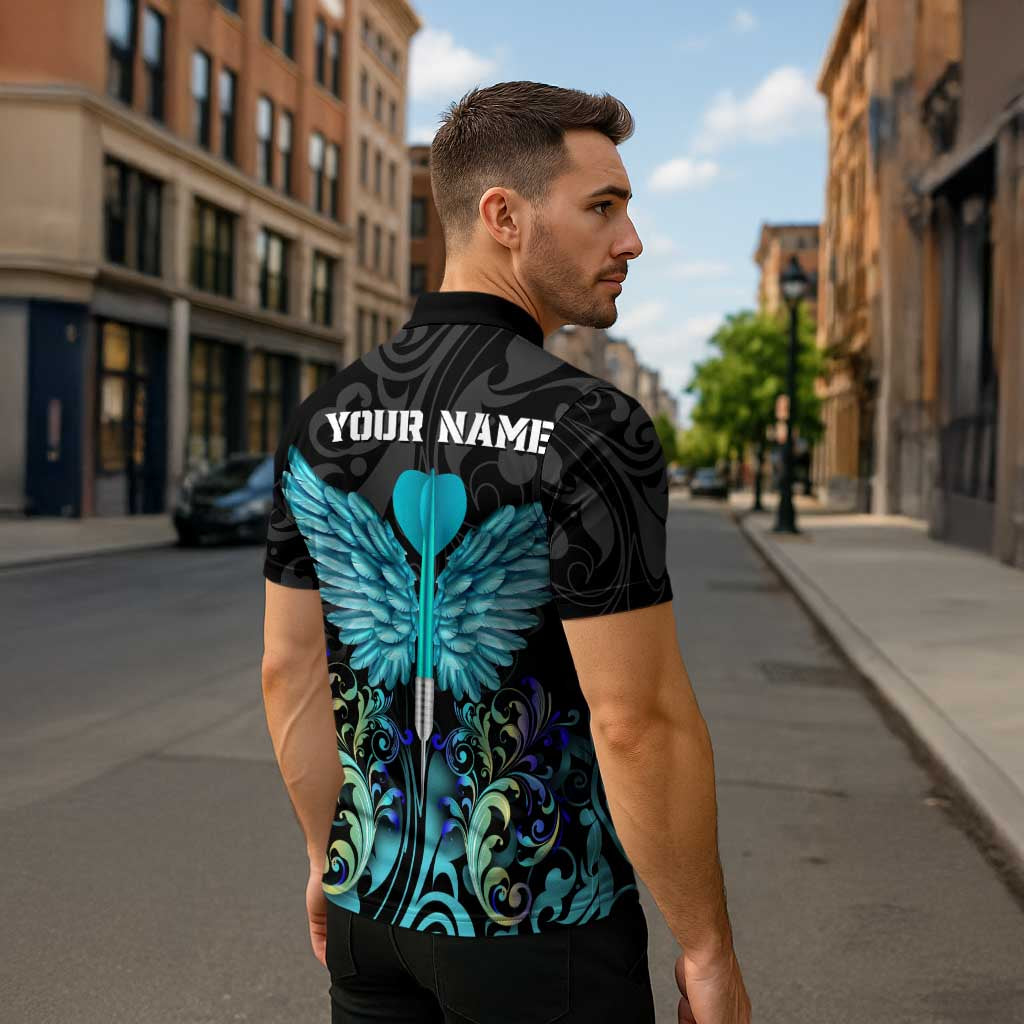 Personalized Elegant Wings and Dartboard Design Zipper Polo Shirt with Swirling Floral Patterns - Wonder Print Shop