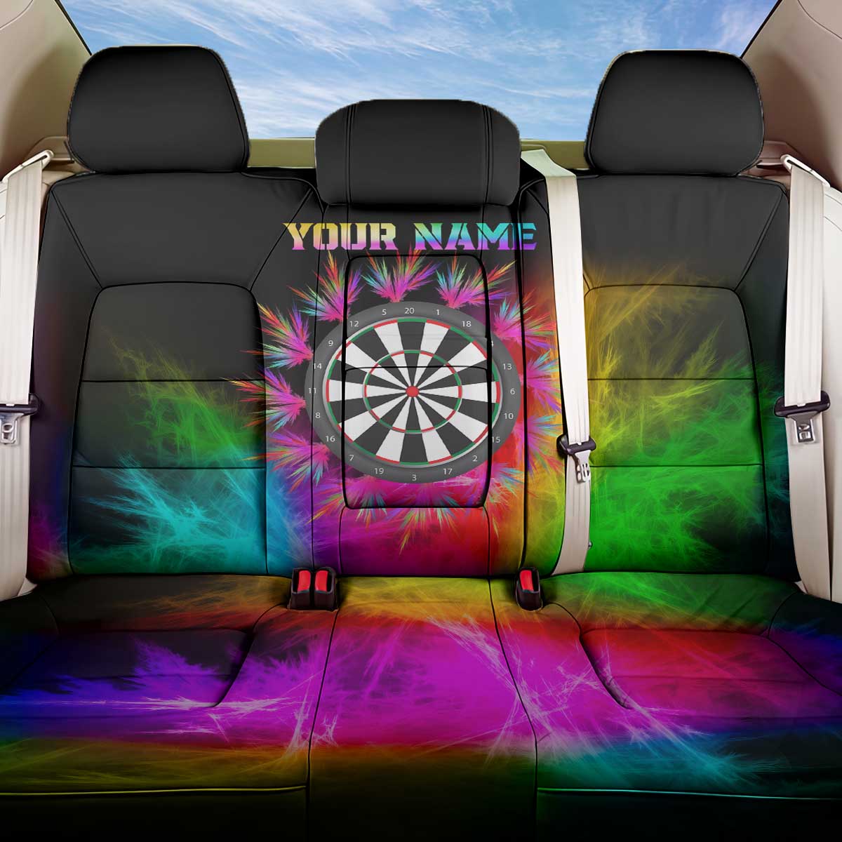 Personalized Colorful Neon Darts Back Car Seat Cover with Bold Abstract Background - Wonder Print Shop