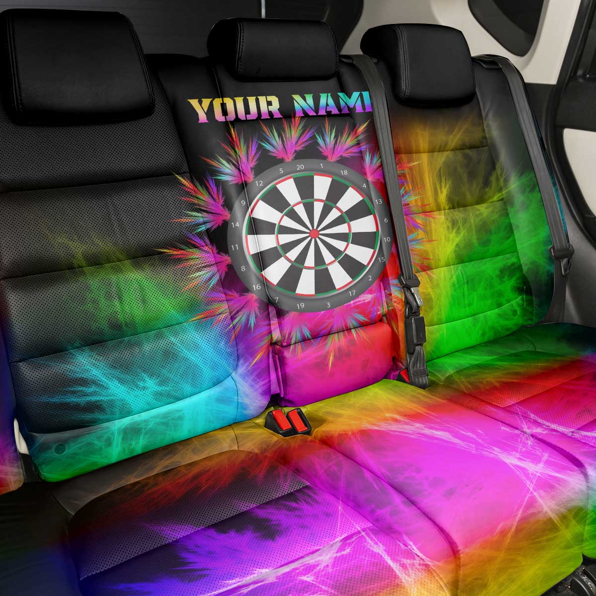 Personalized Colorful Neon Darts Back Car Seat Cover with Bold Abstract Background - Wonder Print Shop