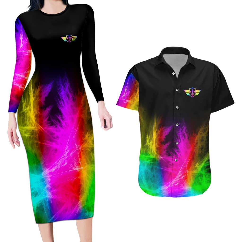 Personalized Colorful Neon Darts Couples Matching Long Sleeve Bodycon Dress and Hawaiian Shirt with Bold Abstract Background - Wonder Print Shop