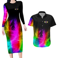 Personalized Colorful Neon Darts Couples Matching Long Sleeve Bodycon Dress and Hawaiian Shirt with Bold Abstract Background - Wonder Print Shop