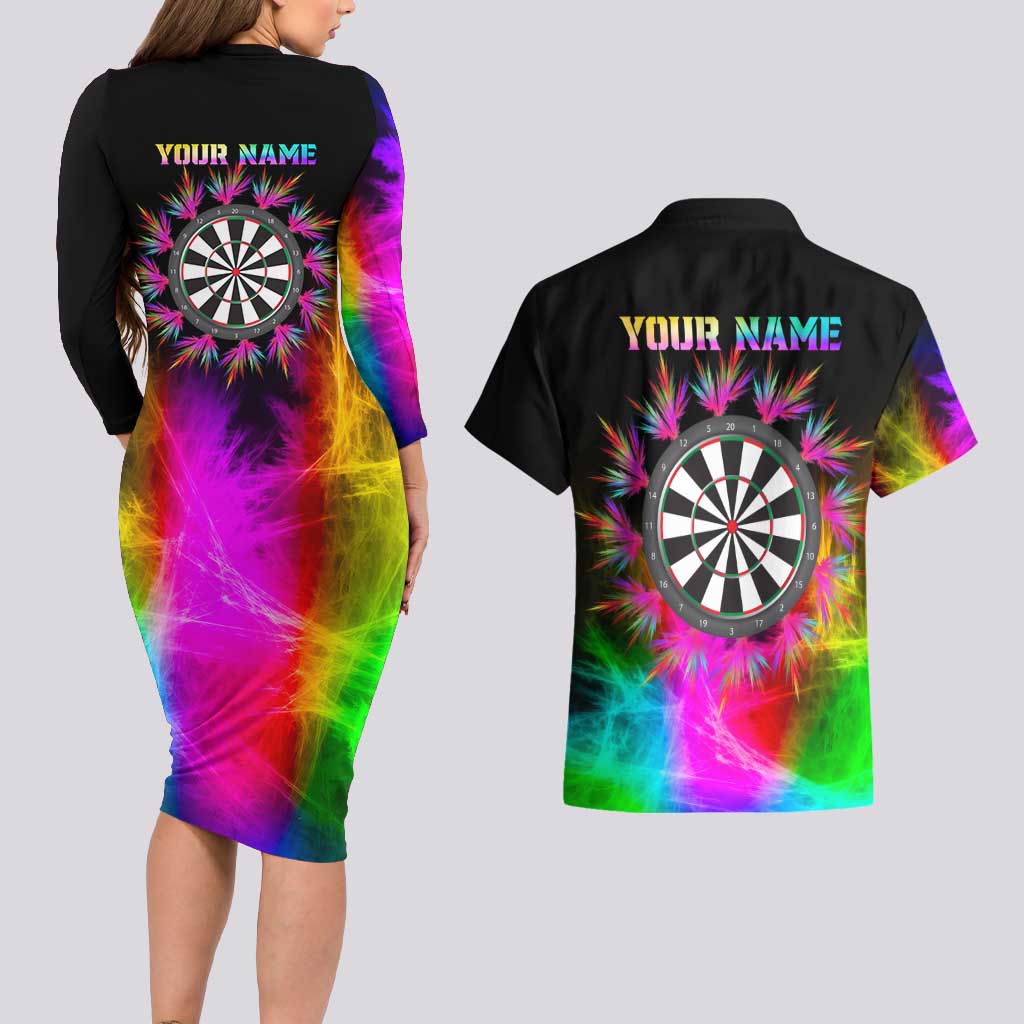 Personalized Colorful Neon Darts Couples Matching Long Sleeve Bodycon Dress and Hawaiian Shirt with Bold Abstract Background - Wonder Print Shop