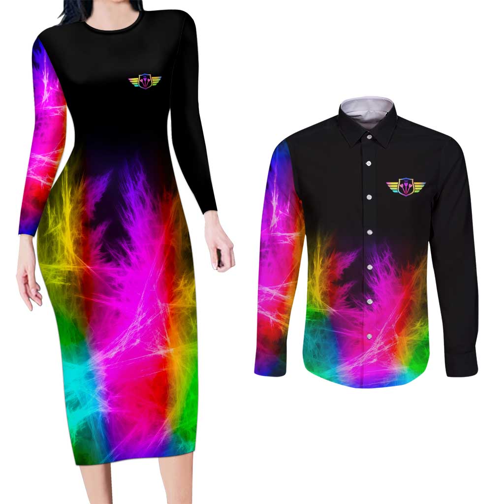 Personalized Colorful Neon Darts Couples Matching Long Sleeve Bodycon Dress and Long Sleeve Button Shirt with Bold Abstract Background - Wonder Print Shop