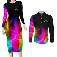 Personalized Colorful Neon Darts Couples Matching Long Sleeve Bodycon Dress and Long Sleeve Button Shirt with Bold Abstract Background - Wonder Print Shop