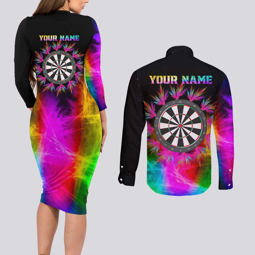 Personalized Colorful Neon Darts Couples Matching Long Sleeve Bodycon Dress and Long Sleeve Button Shirt with Bold Abstract Background - Wonder Print Shop