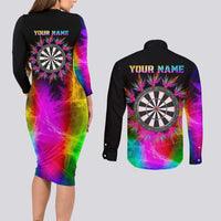 Personalized Colorful Neon Darts Couples Matching Long Sleeve Bodycon Dress and Long Sleeve Button Shirt with Bold Abstract Background - Wonder Print Shop