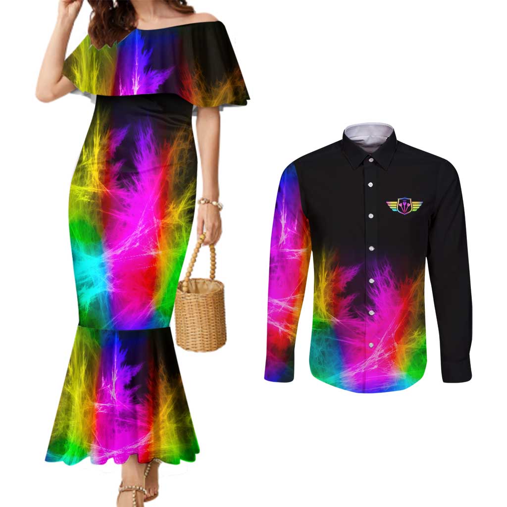 Personalized Colorful Neon Darts Couples Matching Mermaid Dress and Long Sleeve Button Shirt with Bold Abstract Background - Wonder Print Shop