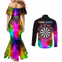 Personalized Colorful Neon Darts Couples Matching Mermaid Dress and Long Sleeve Button Shirt with Bold Abstract Background - Wonder Print Shop