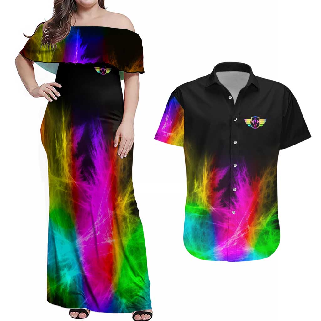 Personalized Colorful Neon Darts Couples Matching Off Shoulder Maxi Dress and Hawaiian Shirt with Bold Abstract Background - Wonder Print Shop