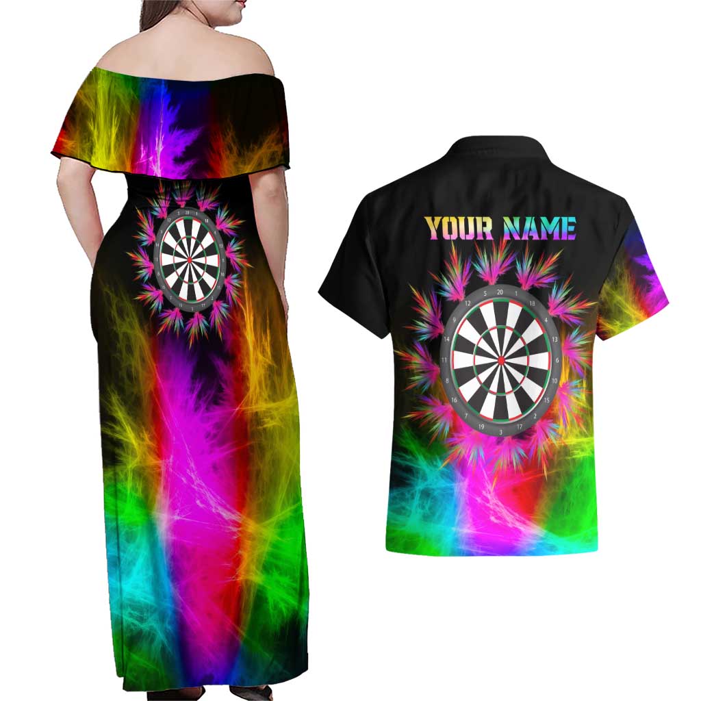 Personalized Colorful Neon Darts Couples Matching Off Shoulder Maxi Dress and Hawaiian Shirt with Bold Abstract Background - Wonder Print Shop