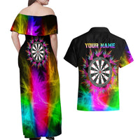 Personalized Colorful Neon Darts Couples Matching Off Shoulder Maxi Dress and Hawaiian Shirt with Bold Abstract Background - Wonder Print Shop