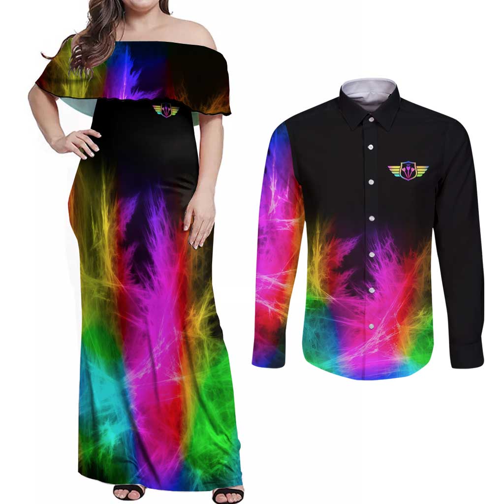 Personalized Colorful Neon Darts Couples Matching Off Shoulder Maxi Dress and Long Sleeve Button Shirt with Bold Abstract Background - Wonder Print Shop