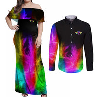 Personalized Colorful Neon Darts Couples Matching Off Shoulder Maxi Dress and Long Sleeve Button Shirt with Bold Abstract Background - Wonder Print Shop
