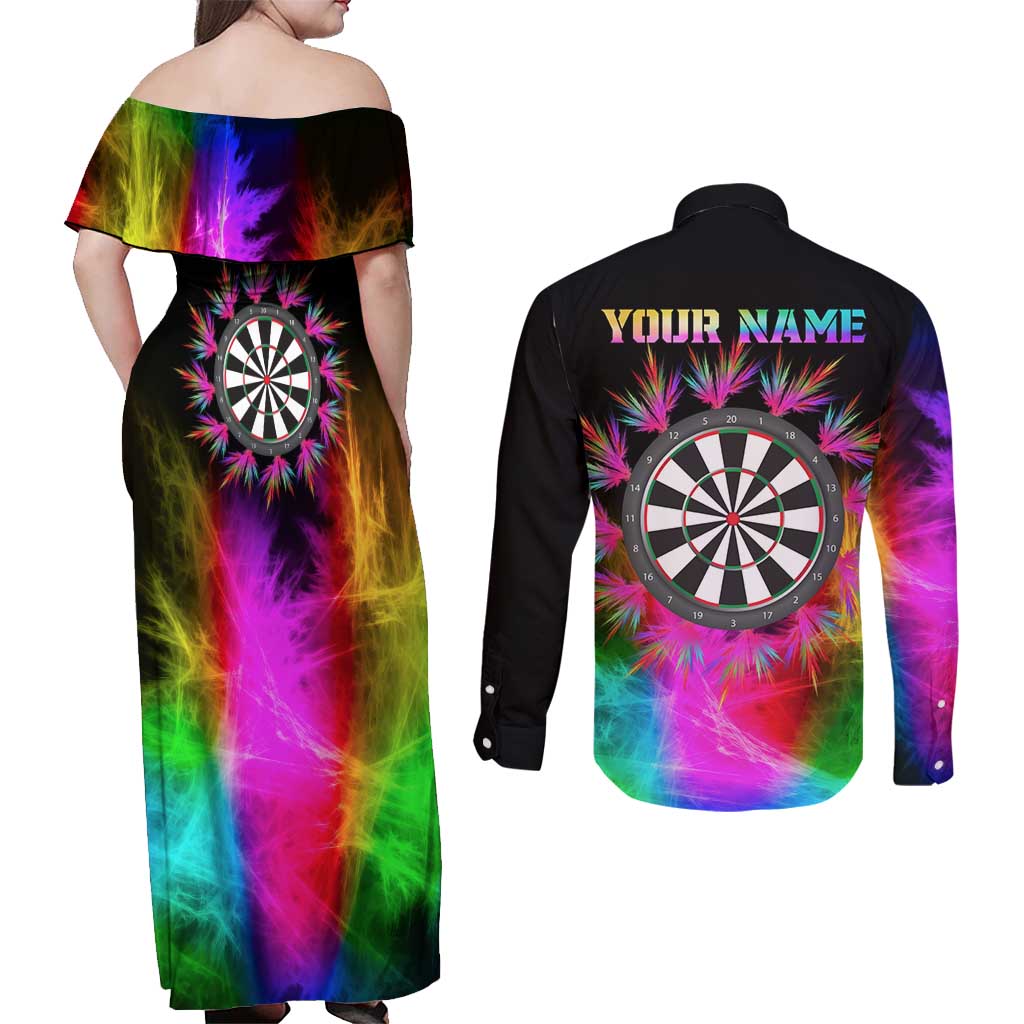 Personalized Colorful Neon Darts Couples Matching Off Shoulder Maxi Dress and Long Sleeve Button Shirt with Bold Abstract Background - Wonder Print Shop