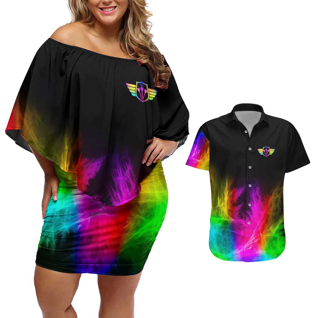 Personalized Colorful Neon Darts Couples Matching Off Shoulder Short Dress and Hawaiian Shirt with Bold Abstract Background - Wonder Print Shop