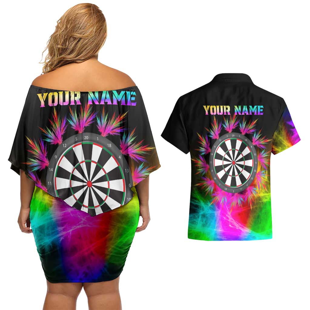 Personalized Colorful Neon Darts Couples Matching Off Shoulder Short Dress and Hawaiian Shirt with Bold Abstract Background - Wonder Print Shop