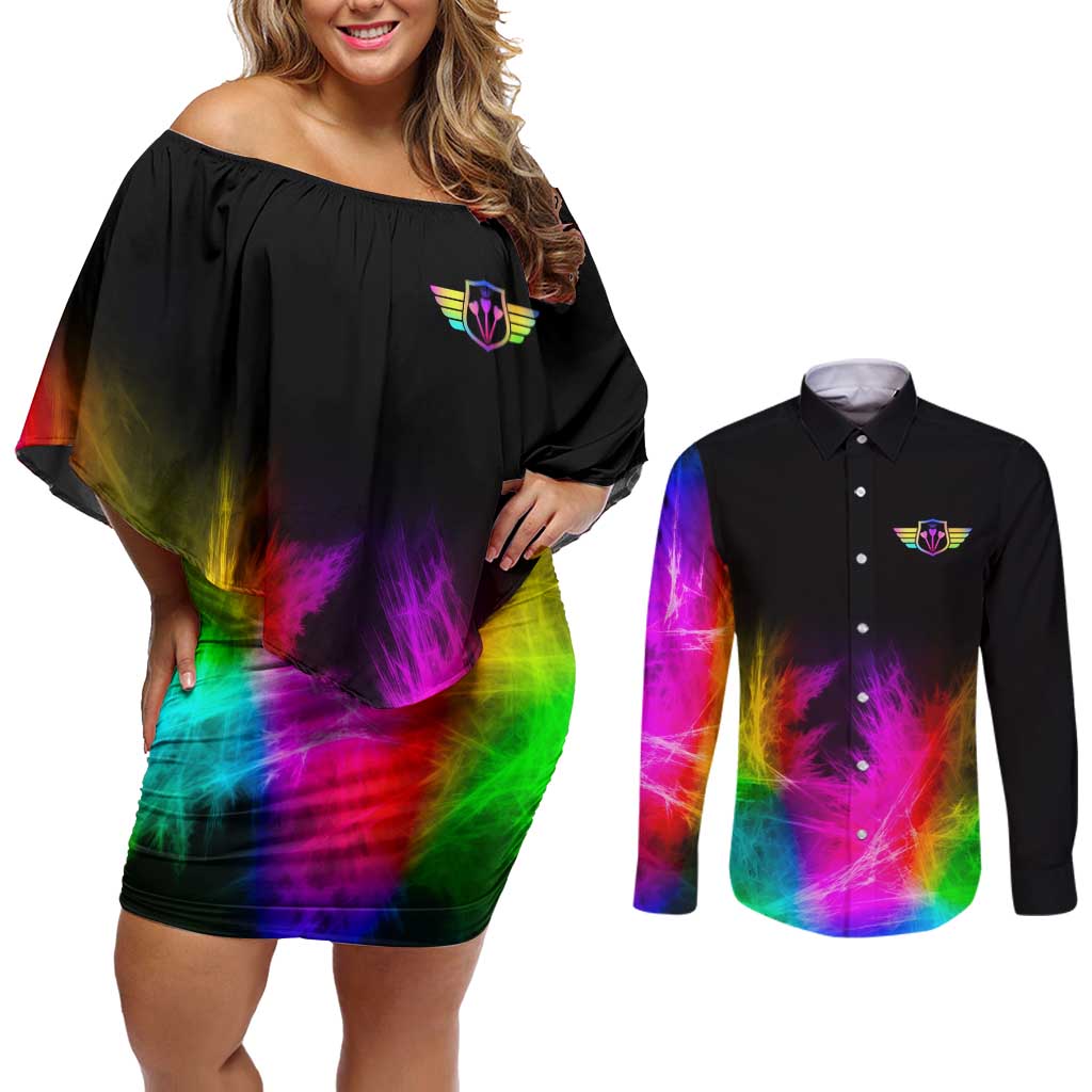 Personalized Colorful Neon Darts Couples Matching Off Shoulder Short Dress and Long Sleeve Button Shirt with Bold Abstract Background - Wonder Print Shop