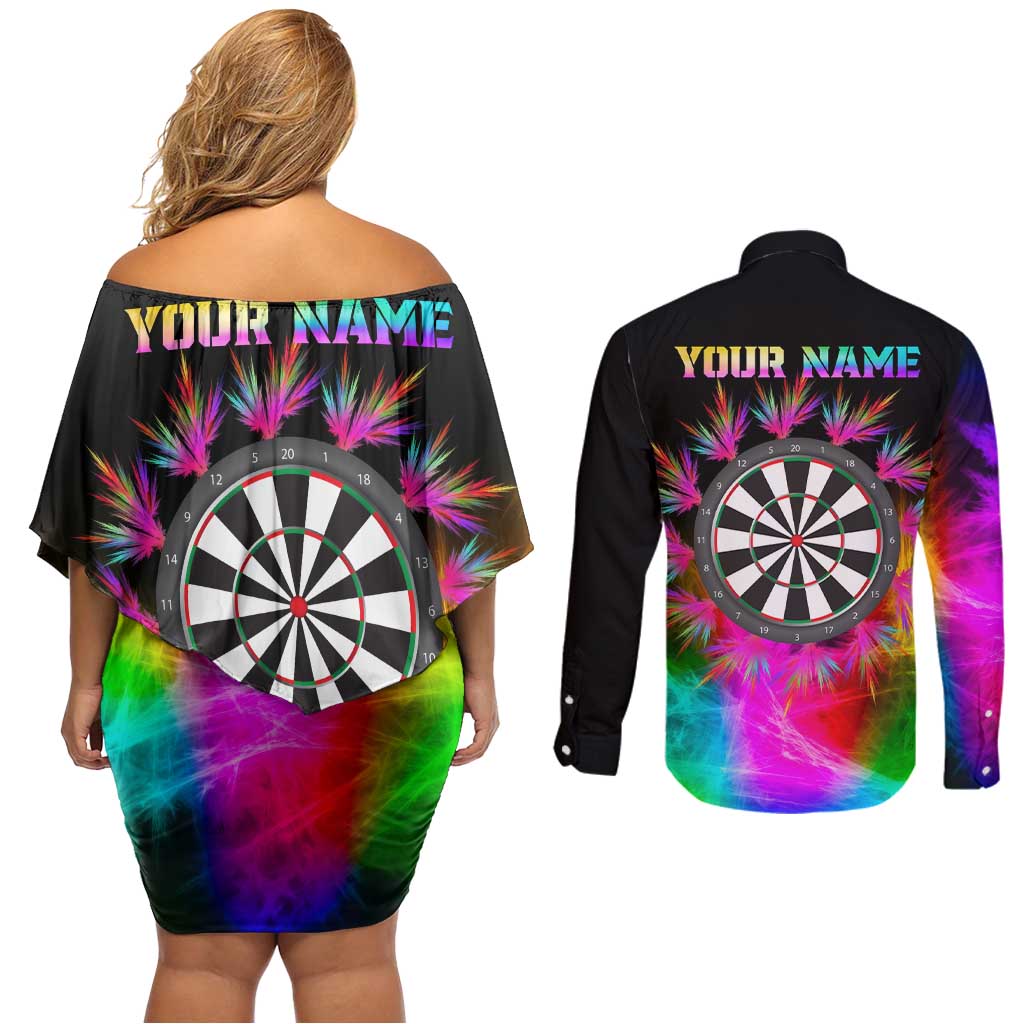 Personalized Colorful Neon Darts Couples Matching Off Shoulder Short Dress and Long Sleeve Button Shirt with Bold Abstract Background - Wonder Print Shop