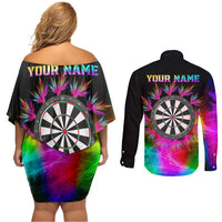 Personalized Colorful Neon Darts Couples Matching Off Shoulder Short Dress and Long Sleeve Button Shirt with Bold Abstract Background - Wonder Print Shop