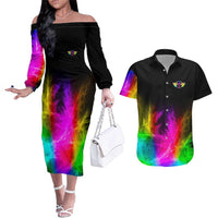 Personalized Colorful Neon Darts Couples Matching Off The Shoulder Long Sleeve Dress and Hawaiian Shirt with Bold Abstract Background - Wonder Print Shop