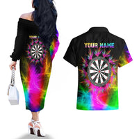 Personalized Colorful Neon Darts Couples Matching Off The Shoulder Long Sleeve Dress and Hawaiian Shirt with Bold Abstract Background - Wonder Print Shop