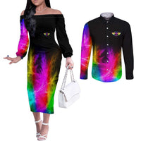 Personalized Colorful Neon Darts Couples Matching Off The Shoulder Long Sleeve Dress and Long Sleeve Button Shirt with Bold Abstract Background - Wonder Print Shop
